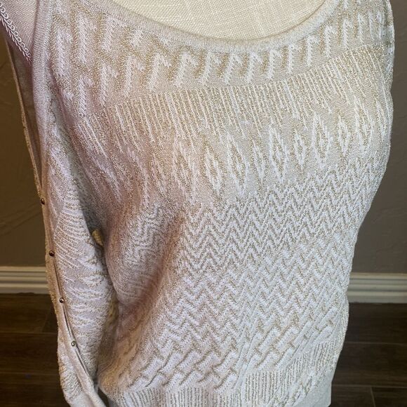 White House Black Market Knit Cream Gold Sparkle Cold Shoulder Sweater Sz Large - Picture 4 of 13